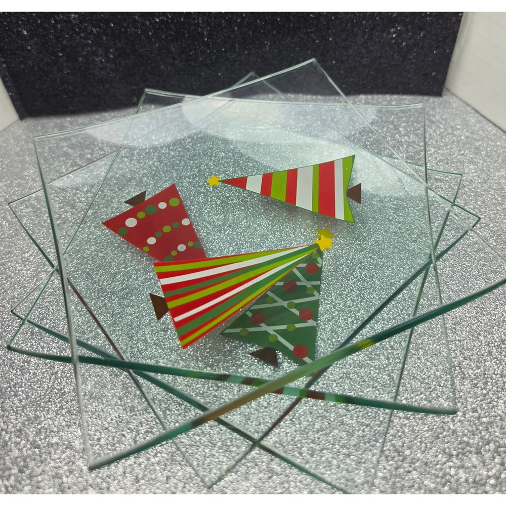 Set of 4 Christmas Tree Glass Appetizer Plates Square 6 Inch Holiday Dessert Set